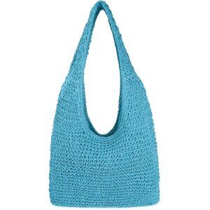Women's Blue Large Straw Beach Bag Handmade Woven Shoulder Hobo Tote Handbag